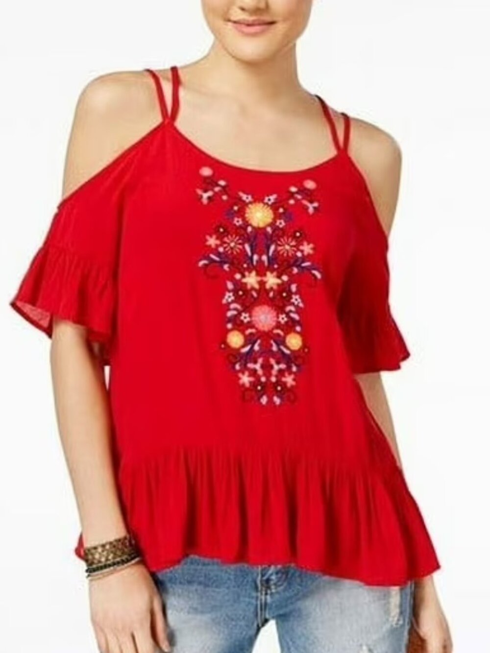 Crave Fame Scarlet Floral Embroidered Cold-Shoulder Ruffles Pullover Blouse